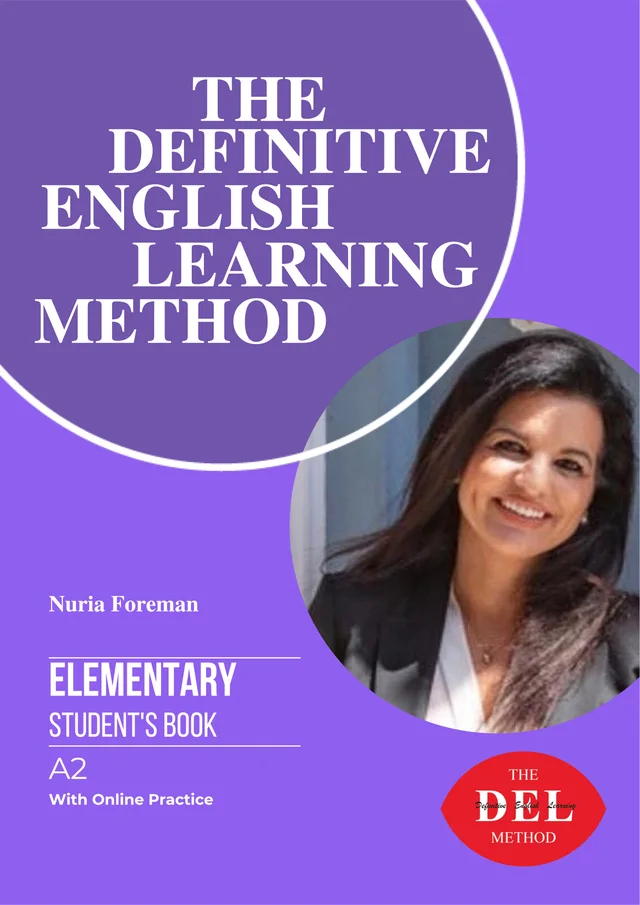 Portada morada del libro Elementary (nivel A2) del método DEL: The Definitive English Learning Method, Student's Book con práctica online, de Nuria Foreman