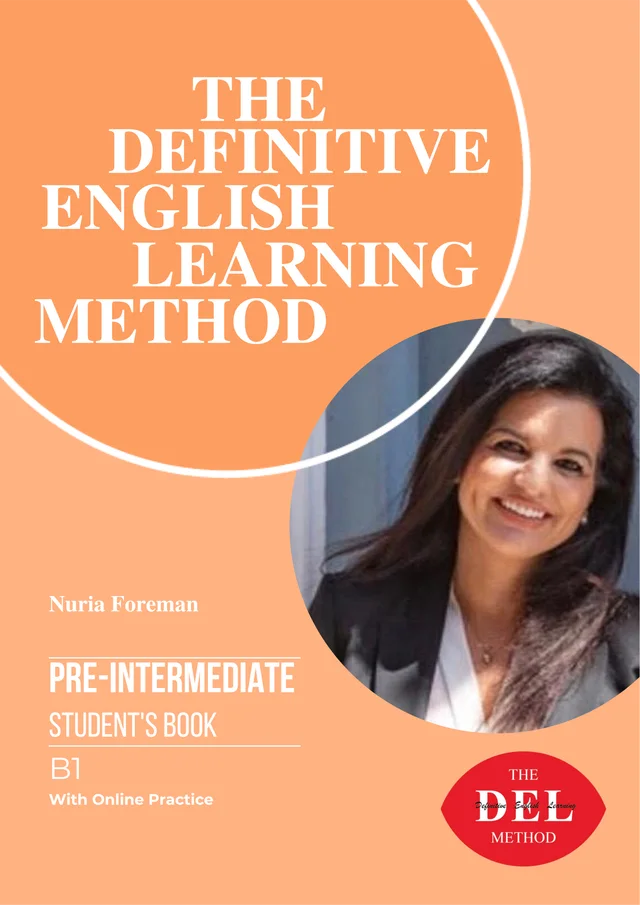 Portada melocotón del libro Pre-Intermediate (nivel B1) del método DEL: The Definitive English Learning Method, Student's Book con práctica online, de Nuria Foreman