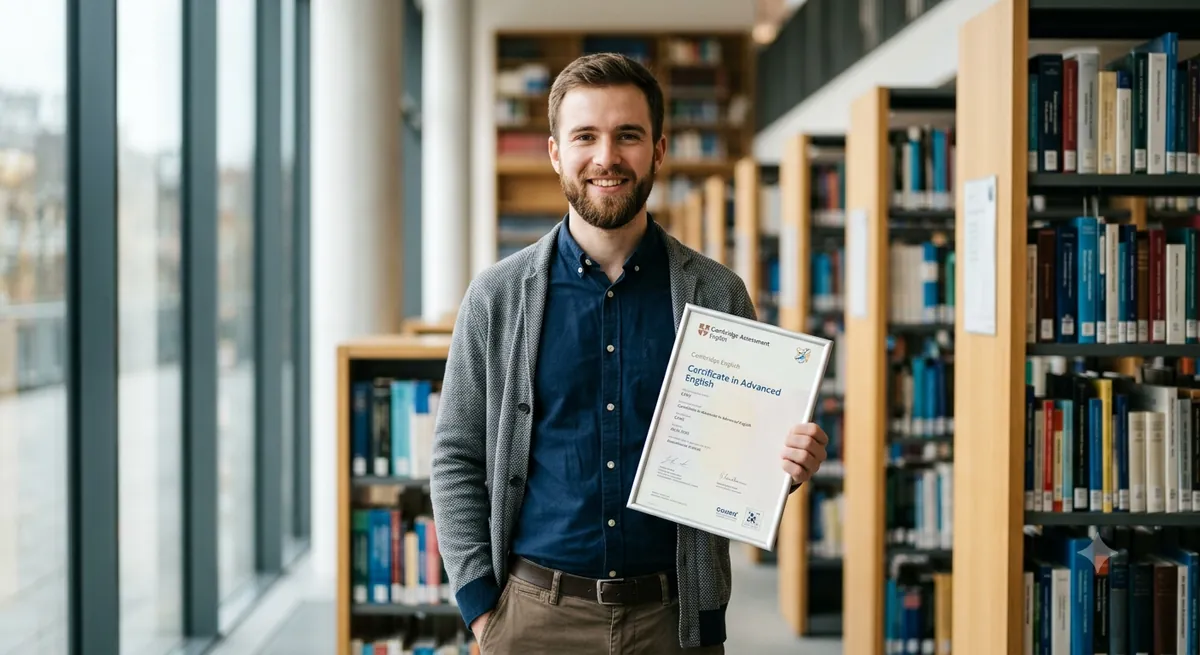 Joven sosteniendo su certificado B2 First (FCE) de Cambridge entre estanterías de libros