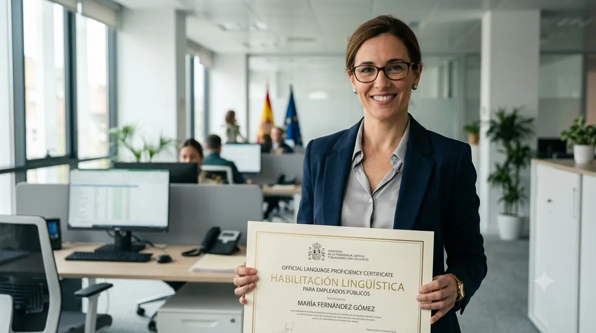 Profesora sosteniendo su certificado de Habilitación Lingüística para empleados públicos